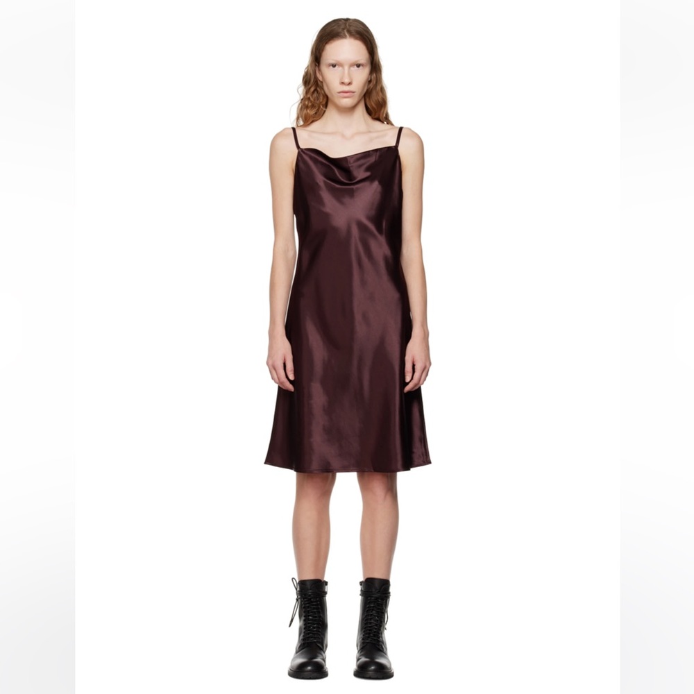 DRAE satin dress in mahogany with cowl neck